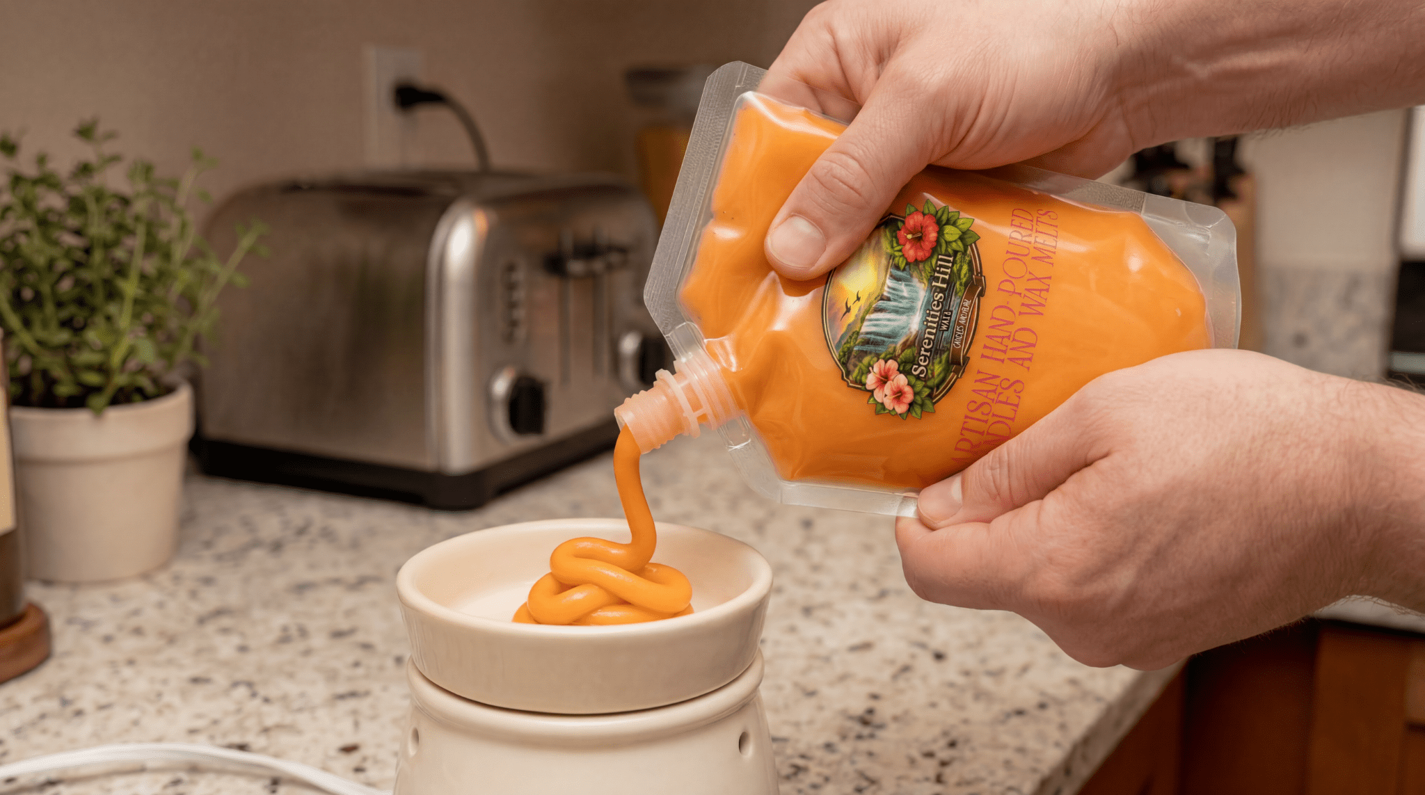 Squeeze wax melt being added to a wax warmer
