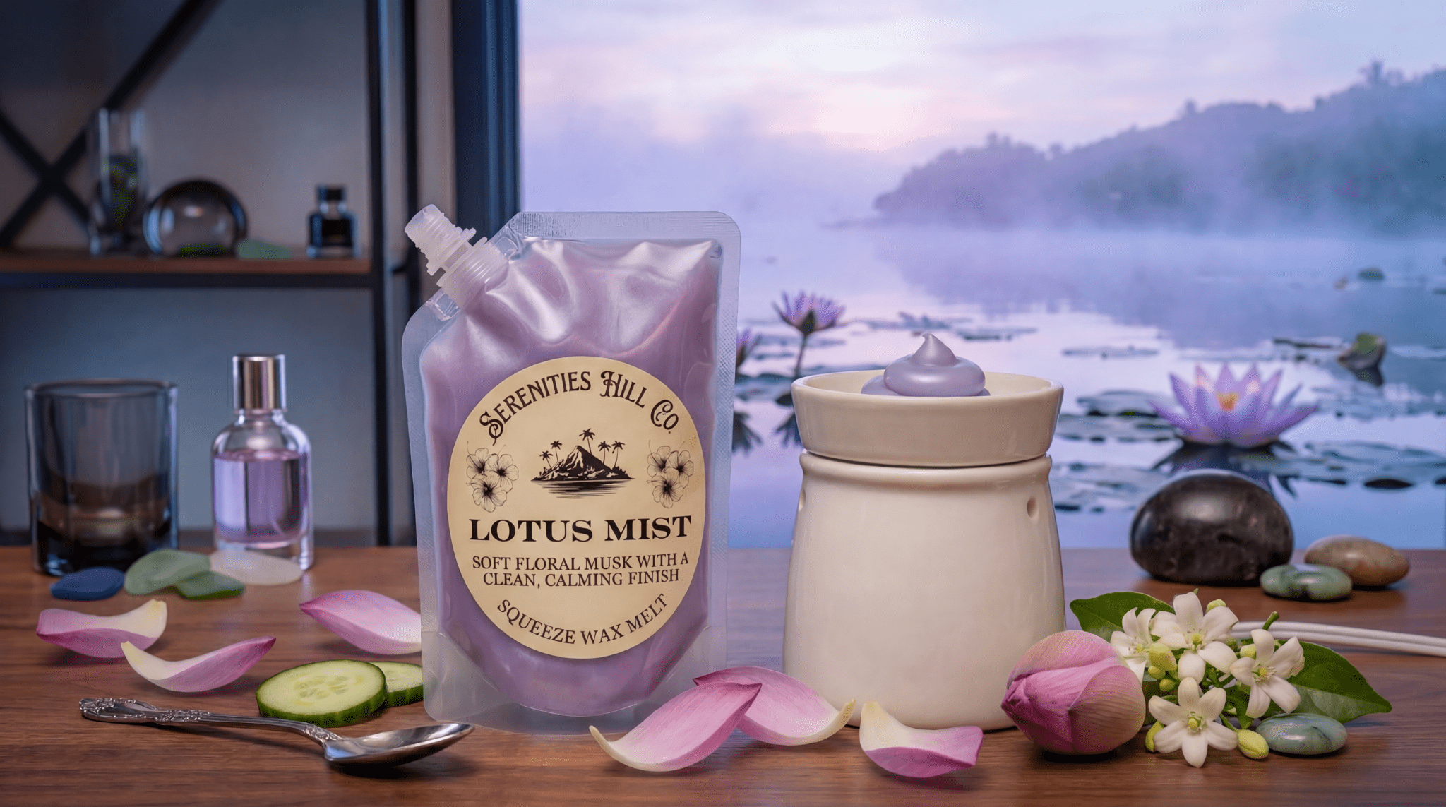 Purple wax melt pouch beside warmer