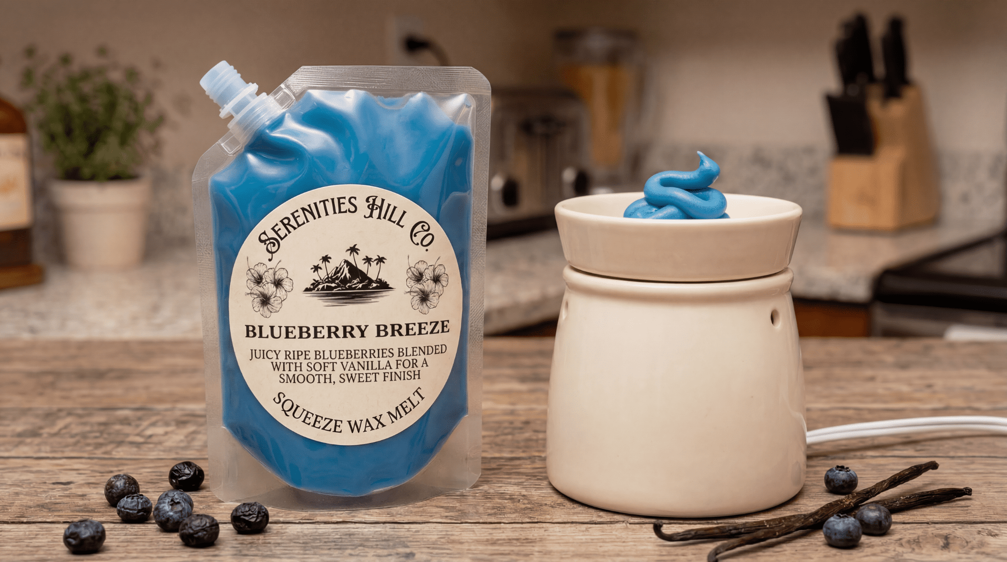 Blue wax melt pouch beside warmer