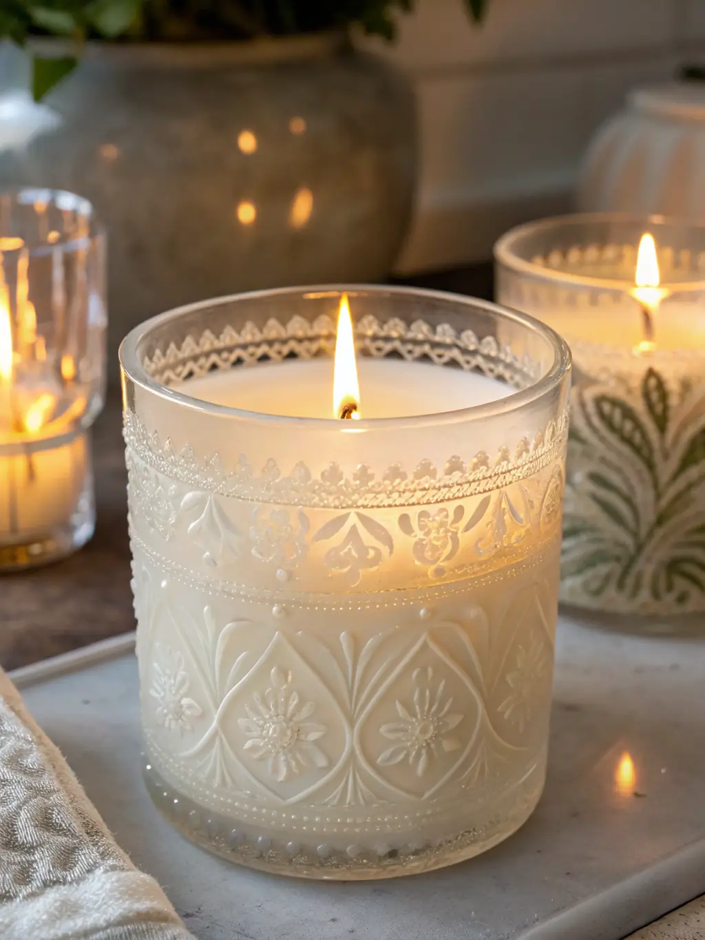Close-up shot of a Serenities Hill Co candle emitting a warm, inviting glow in a dimly lit room, showcasing its ability to create a cozy atmosphere.