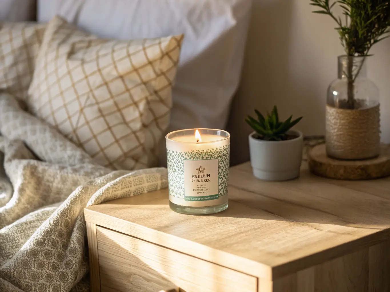 A dimly lit bedroom with a Serenities Hill Co. candle on a nightstand, creating a relaxing and intimate atmosphere.