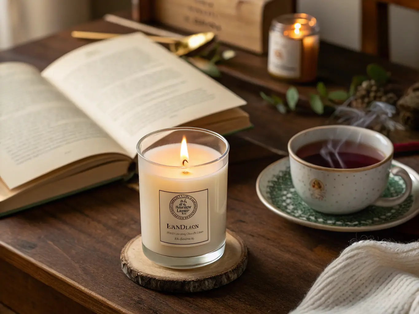 A warmly lit living room with a Serenities Hill Co. candle on a coffee table, casting a soft glow on a book and a cup of tea.