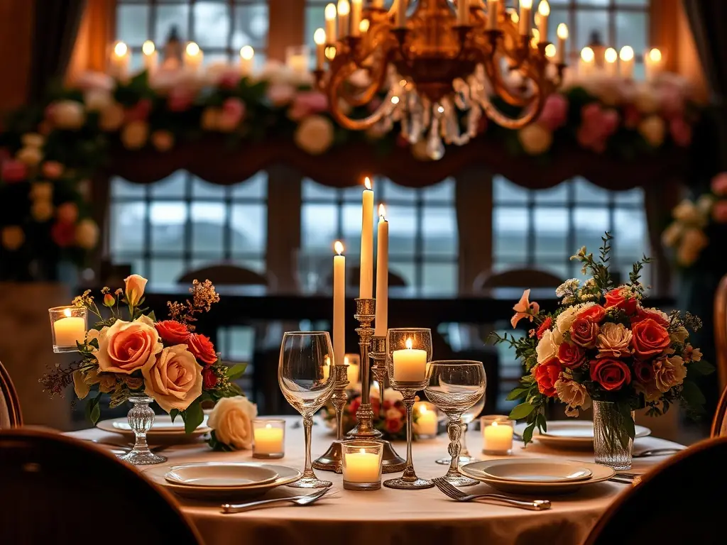 A romantic dinner setting with two Serenities Hill Co. candles on the table, creating a warm and intimate ambiance.