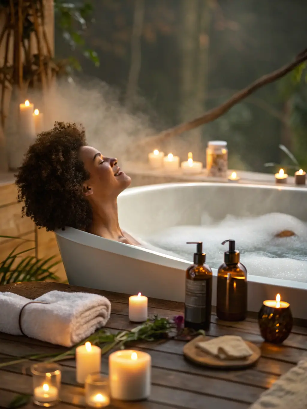 A person relaxing in a bathtub with a Serenities Hill Co candle burning nearby, emphasizing the candle's role in creating a relaxing environment.